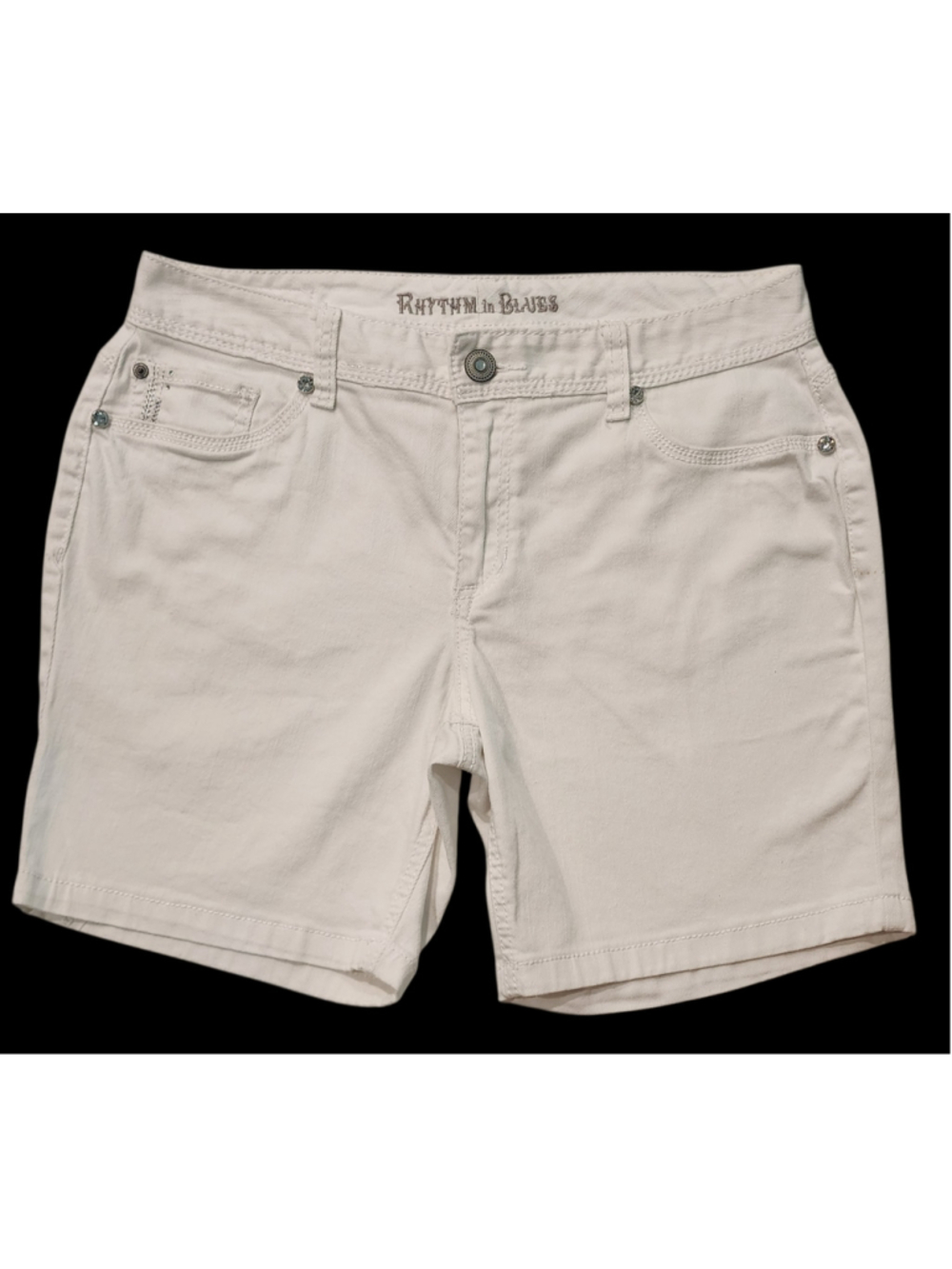 Rhythm in Blues White Denim Shorts Size 12 Bling Embellished Pockets Y2K Stretch